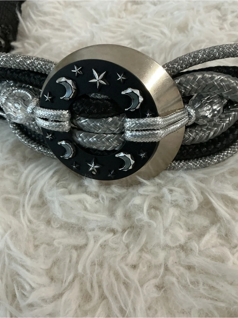 Vintage 80s Black Braided Macrame Belt Chunky Medallion Boho Star & Moon M/L